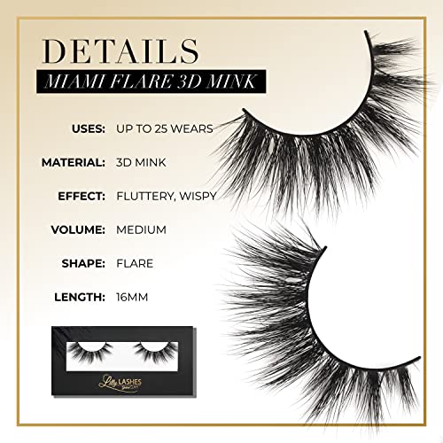 Lilly Lashes Miami Flare 3D Mink False Eyelashes - Wispy, Reusable, Fluffy Strip Lashes