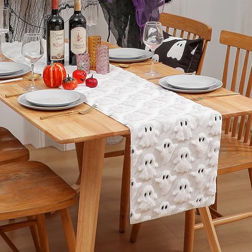 Halloween Plush Ghost Table Runner - 13x72 Inch Spooky Home Decor