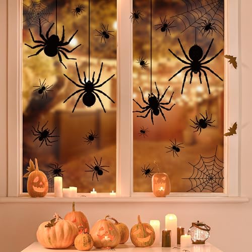 Halloween Window Clings Set - 9 Large Black Spider Web Silhouette Decals