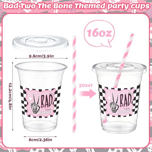 FillTouch 50 Pcs Halloween Skeleton Bone Plastic Cups with Lids & Straws - Bad Two the Bone Variation