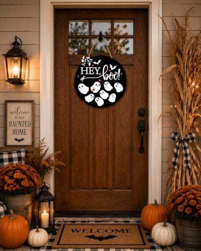 Halloween Welcome Door Sign Wooden Hanging Decor - Ghost Design, 12x12in