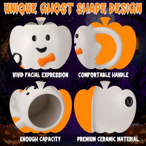 Halloween Ghost Coffee Mug Set - 14 oz Ceramic Stackable Cute Ghosts & Pumpkins - 4 Pack