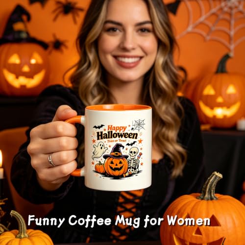 Halloween Trick or Treat Pumpkin Ghost Skull Mug - 11oz Orange Handle & Interior