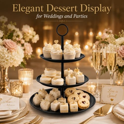 Black 3 Tier Cupcake Stand - Stainless Steel Dessert Display for Wedding & Party