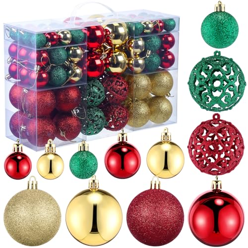 Christmas Ball Ornaments Set - 100 Assorted Gold Red Green Baubles with 3 Sizes & Styles