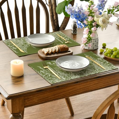 Spring Placemats Set of 4 - 12x18 Inch Green Herb & Flower Table Mats