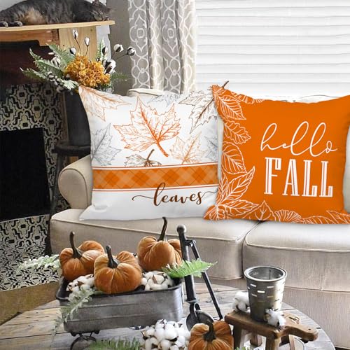 Fall Pillow Covers Set of 4 - 24x24 Inch Autumn Cushion Cases for Thanksgiving & Halloween - Orange / 24"x24"