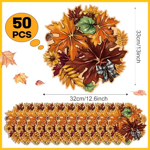 Disposable Fall Maple Leaves Paper Placemat Set - Orange Leaves, 50 Pack, 13x12.6 Inch