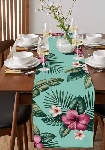 Hibiscus Tropical Table Runner - Linen Burlap - 13 x 90 Inch - Hibisci Variation