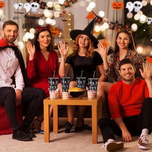 Skeleton Plastic Cups with Lids & Straws - Black Halloween Party Bulk 24 oz Variation of Skeleton / Black