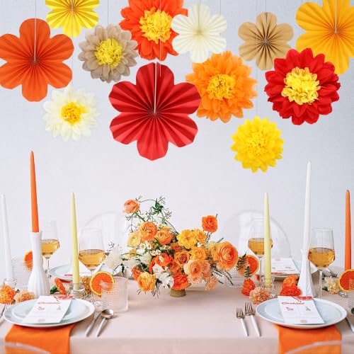Dark Orange Red Paper Flower Fans & Pompoms Set for Fall Party Decorations - 12PCS