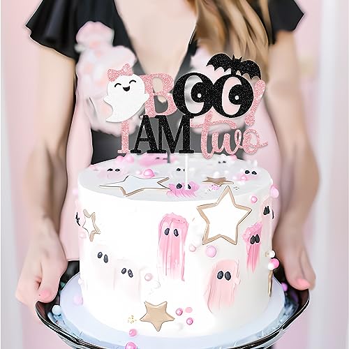 Halloween 2nd Birthday Cake Topper - Pink & Black Glitter Ghost Decor