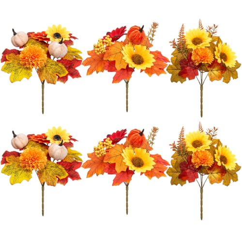 Autumn Artificial Floral Picks Set - 6 Pack Fall Silk Flowers with Pumpkins Sunflowers & Maple Leaves for Decor