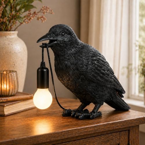 Gothic Crow Table Lamp with Edison Bulb, Halloween Indoor Decor, Resin Figurine, 9.5 Inch