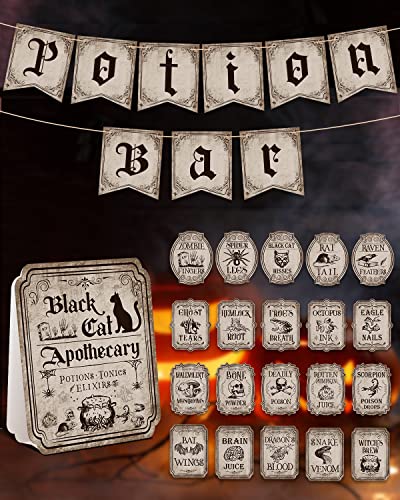 Halloween Potion Bar Decor Set - Spooky Witch Potion Labels & Banner