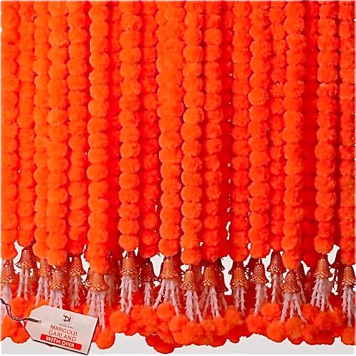 Marigold Garland with Bell - Dark Orange 5 Pack 5 Feet Long Diwali Decorations