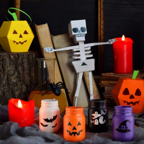 Halloween Mason Jar Centerpieces Set of 4 with Fake Leaves - Spooky Table Decor