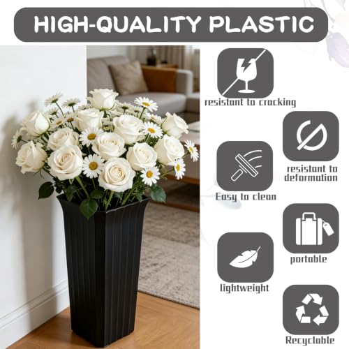Black Plastic Flower Buckets 11.8 Inch Square Vases for Centerpieces - Set of 6