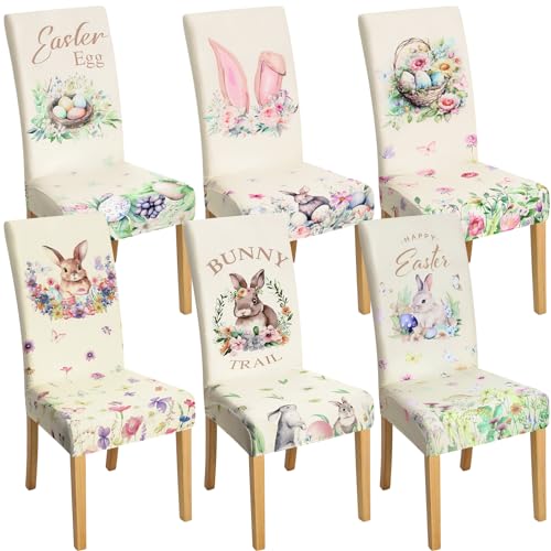Easter Chair Covers Bunny Print Set - 6 Removable Seat Covers for Spring Holiday Decor