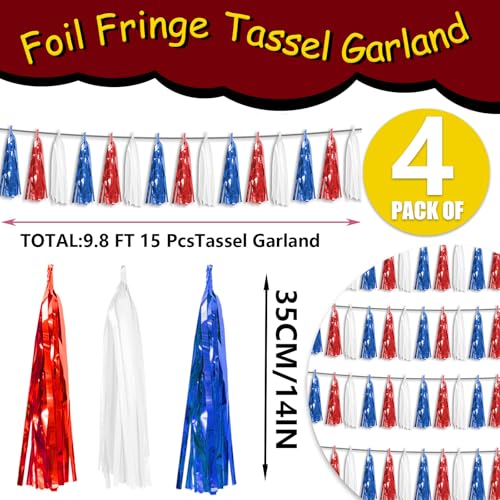 Red Blue White Foil Tassel Garland - 39.2Ft Party Streamers for Celebrations