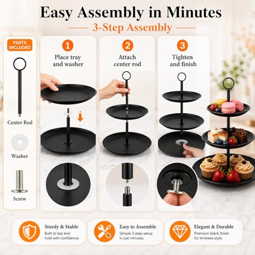 Black 3 Tier Cupcake Stand - Stainless Steel Dessert Display for Wedding & Party