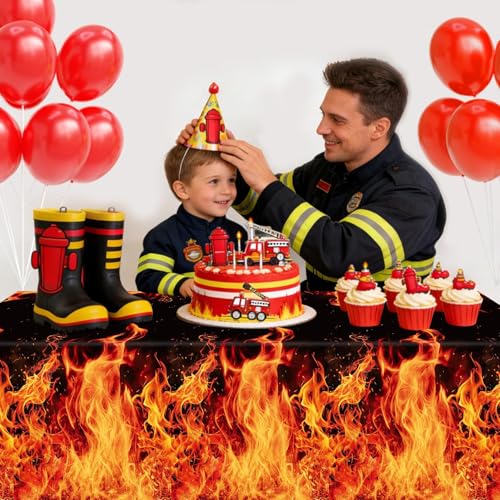 4 Pack Fire Tablecloths - Flame Design Party Decorations, 51 x 86 Inches - Variation of 4