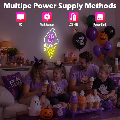 Halloween Neon Sign Dimmable Ghost Ice Cream Design Wall Decor - White-GhostIce