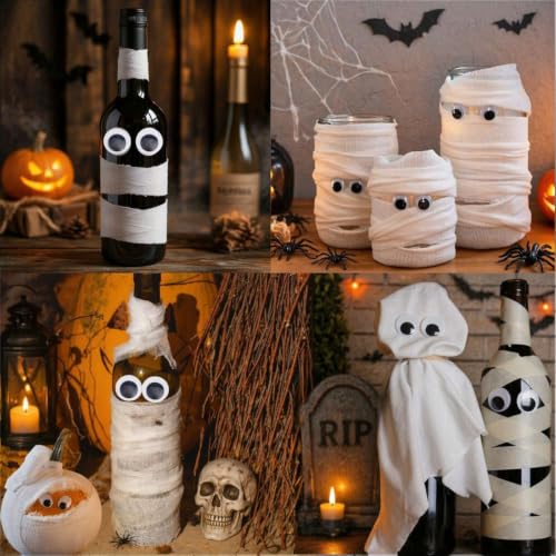 Halloween Mummy Bottle Wrap Kit with Wiggle Eyes & Spiders - DIY Decor