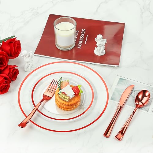 50 Pack Red Plastic Cutlery Set - Disposable Forks Knives Spoons with Napkins