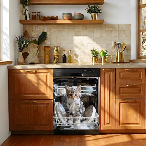 Washing Cat Dishwasher Magnet Cover - 23 x 26 Inch Kitchen Decor