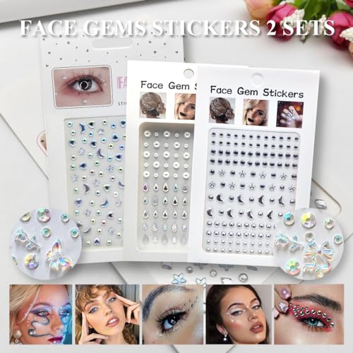 Self-Adhesive Face Gems Stickers Set A - 4 Sheets for Makeup & DIY Decor