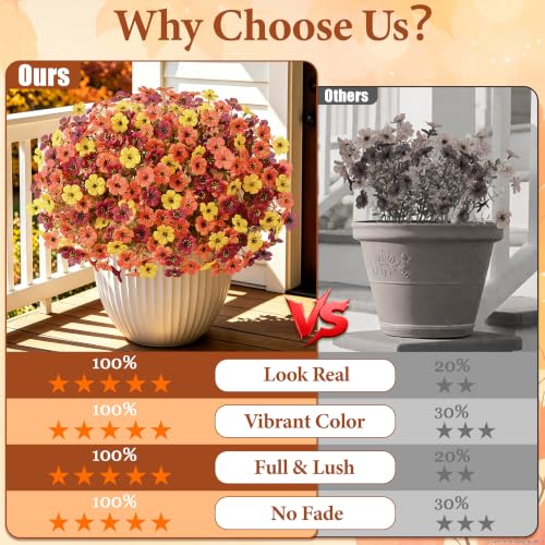 Artificial Mums Flowers Outdoor Fall Decor 24 Bundles - Orange Yellow Brown