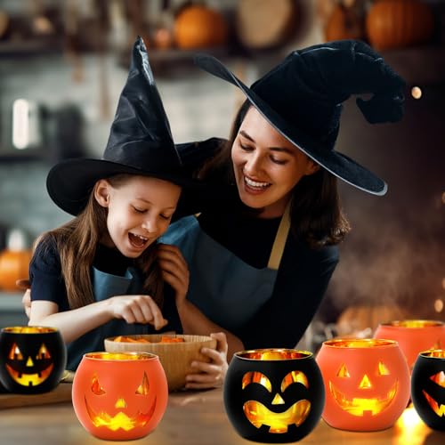 Halloween Candle Holders Set – Black & Orange Pumpkin Face Glass Decor for Parties & Home
