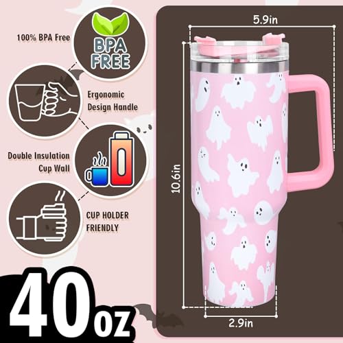 Pink Ghost Halloween Tumbler 40 oz Travel Coffee Cup with Handle & Straw