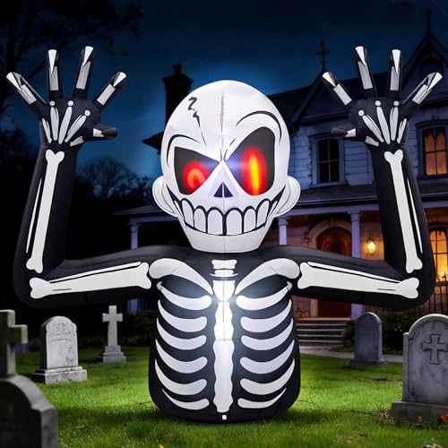 White Skeleton Halloween Inflatable - 6FT Outdoor Yard Decor with Red Eyes & LED Lights