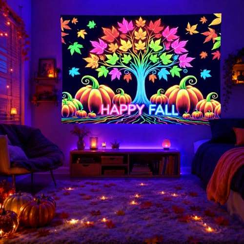 Fall Blacklight Tree Tapestry with Pumpkins and Leaves - Happy Fall Pumpkin Variation