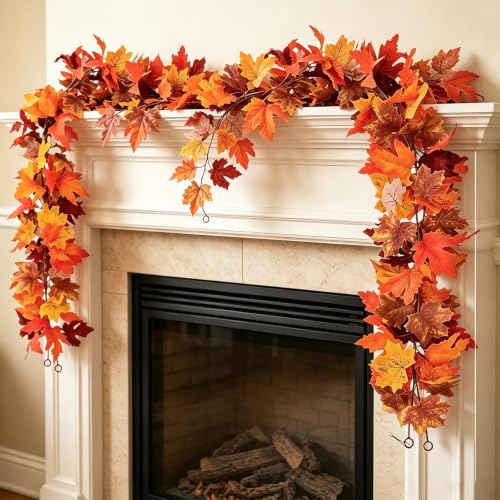 Fall Garland Artificial Maple Leaves 2-Pack Orange 5.9Ft for Festival Decor