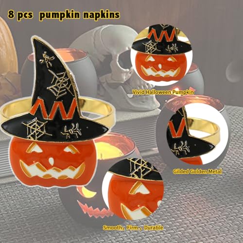 Halloween Cloth Napkins and Pumpkin Ring Set - 16 Pieces for Festive Table Decor