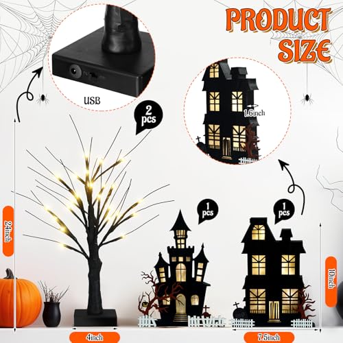 Halloween Table Decorations Set with Haunted Houses and Birch Trees - Indoor Usable
