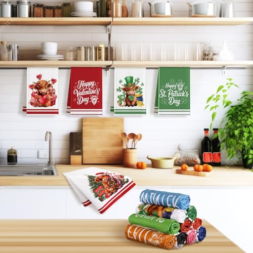 FuWeave Highland Cow Seasonal Kitchen Hand Towels Set - 20 Microfiber Holiday Dish Towels