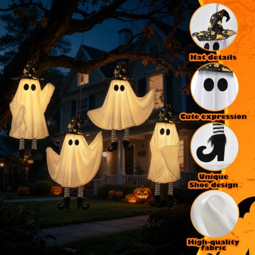 White Hanging Ghost Decor Set with Lights - 20x6 in, 4 pcs, Battery-Operated, Adjustable Swings for Halloween Yard & Indoor