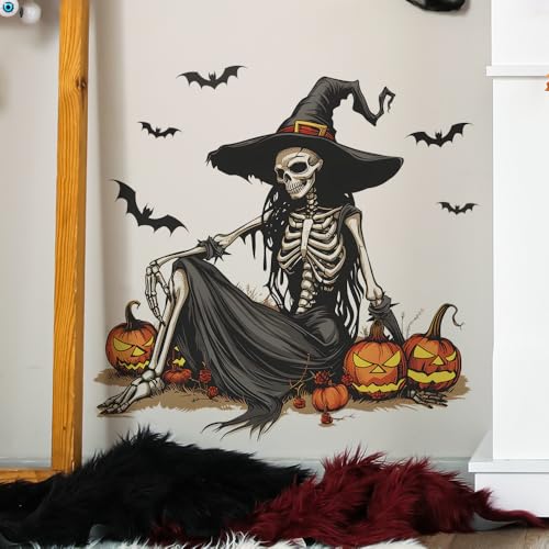 Halloween Witch Skeleton Wall Decals - Removable Skull Stickers with Bats & Pumpkins, Black & Orange Variation