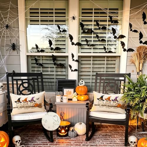 Halloween Ghost Pillow Cover Waterproof 12x20 Inch - White Bat Decor