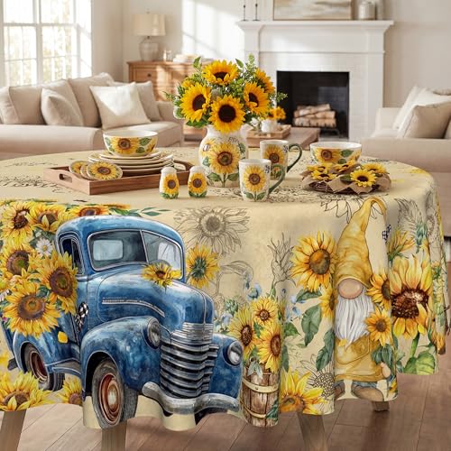 Sunflower Tablecloth 70 Inch Round - Blue Truck and Gnome Design, Washable Summer Decor