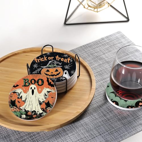 Halloween Round Ceramic Coasters Set of 6 with Holder - Vintage Pumpkin Design