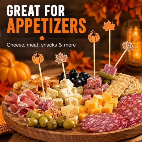 Fall Pumpkin Maple Cocktail Picks - 100PCS Autumn-themed Bamboo Skewers with Variations Orange & Brown