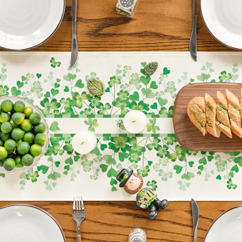 St. Patrick's Day Table Runner 13x90 Inch Clover Leaves Heart Decor Green