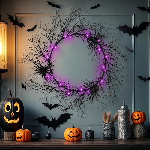 Adroiteet 24-inch Halloween Wreath with LED Lights, Spiders & Glitter Finish - Front Door & Outdoor Decor - Variation 1