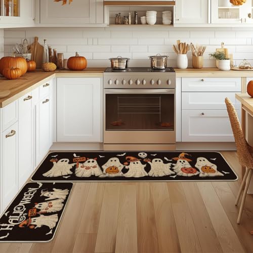 Ghost Bat Halloween Kitchen Mats Set of 2 - Black, 17x29 & 17x59 Inches