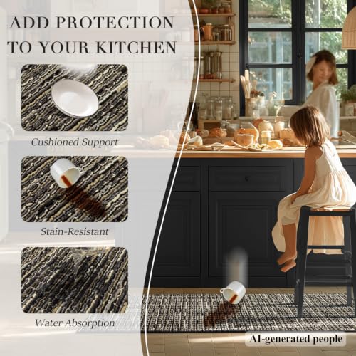 Kitchen Rug Set 2 Pieces Non Slip Floor Mats - Black, 20x47 & 20x32 Inches